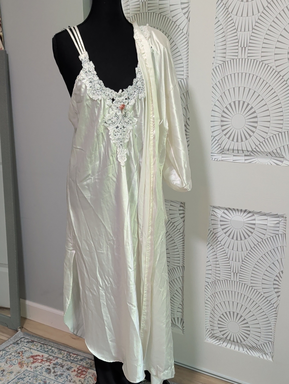 Vintage 80's Wedding Silky Ivory Long Lace-Trim Robe & Nightgown